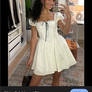 White Puff Sleeve Mini Dress with Black Tie